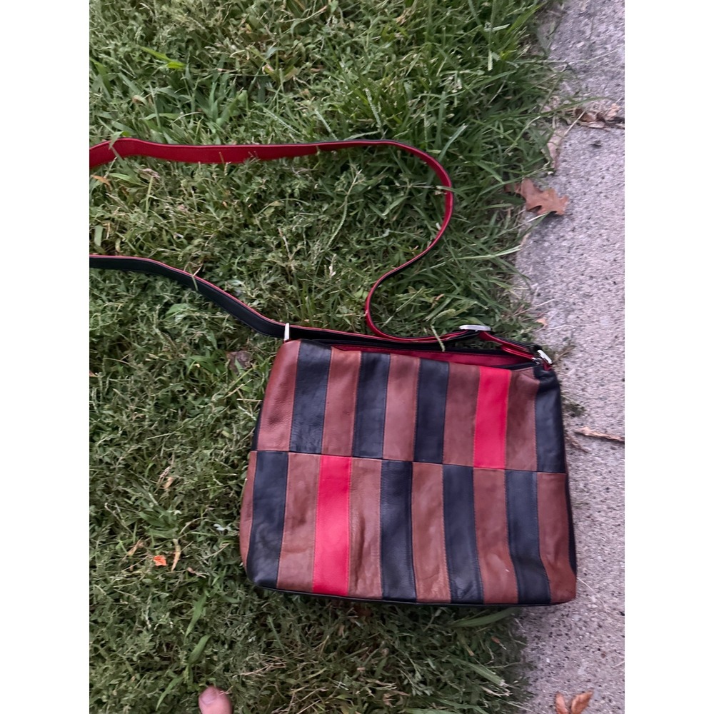 ELLI New York Genuine Leather Patchwork Crossbody Bag Red/Black/Brown‎ Zip